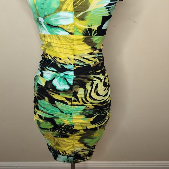 Cache Floral Bodycon Dress Keyhole High Neck Short Sleeve Stretch - Picture 3 of 14